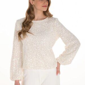 254205 Cream Sequin Ruffle Sleeve Top by FRANK LYMAN